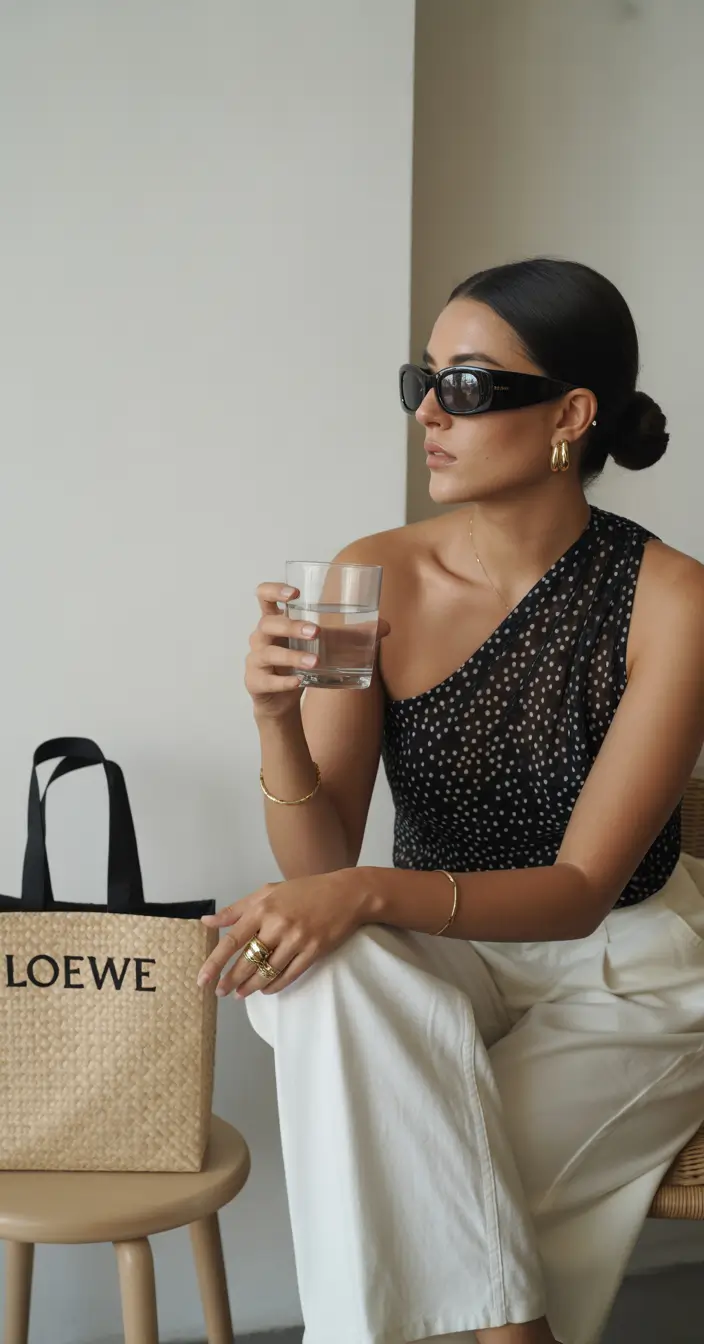 old money spring outfits One-Shoulder Polka Dot Top with Relaxed White Pants