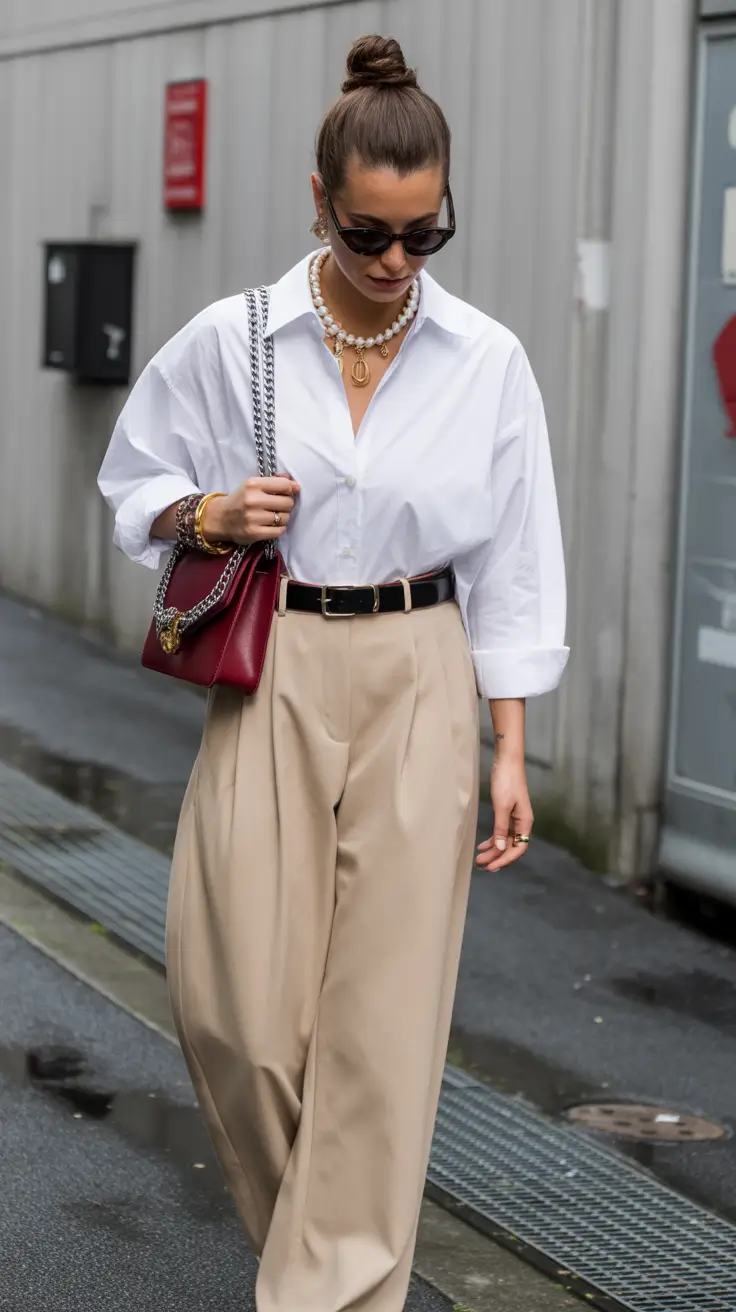old money spring outfits White Shirt with Beige Trousers and Heritage Accessories
