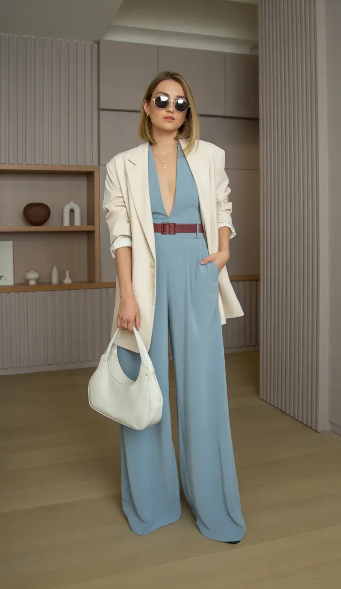 old money spring outfits Soft Blue Jumpsuit with Cream Blazer