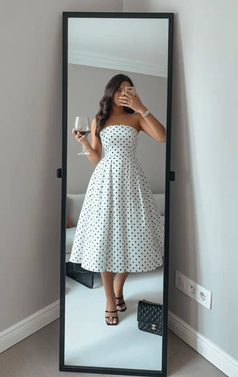 old money spring outfits Strapless Polka Dot Midi Dress with Minimal Black Accessories