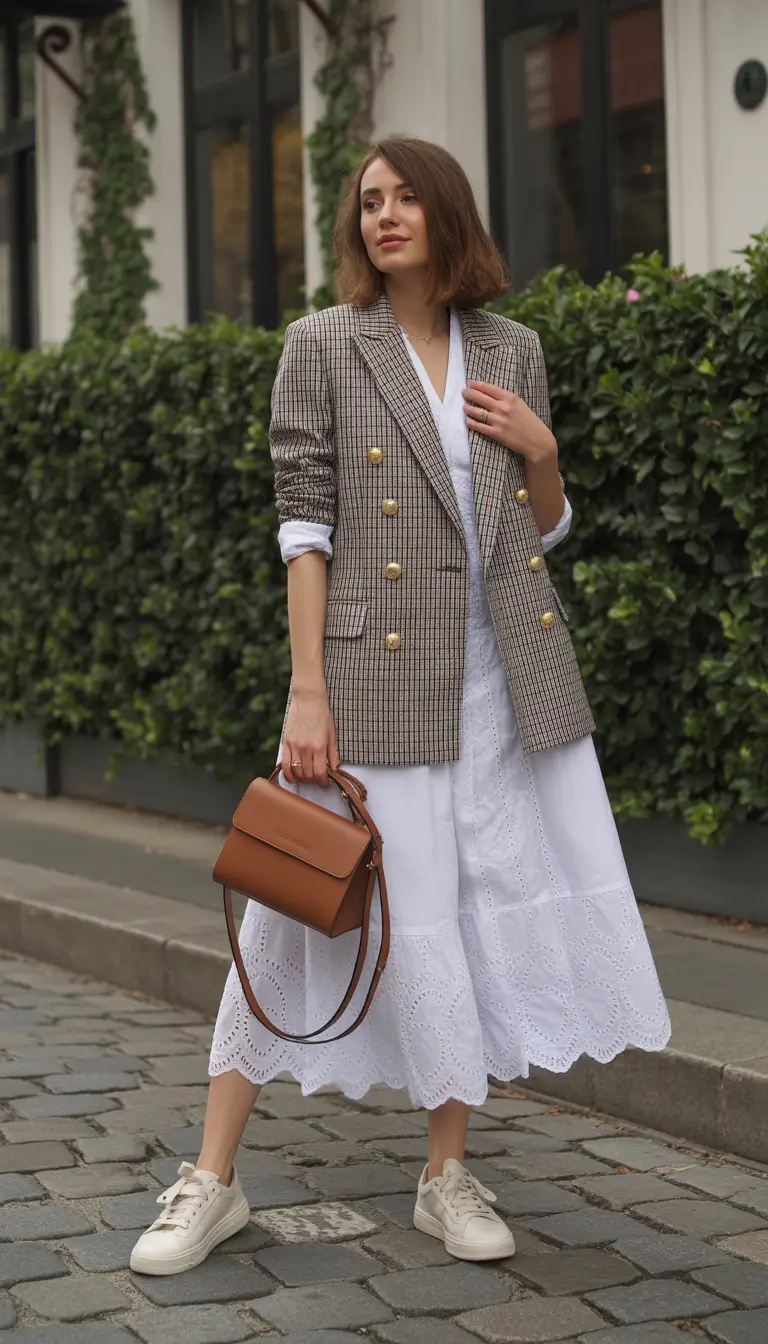old money spring outfits White Broderie Dress with Checked Blazer and Sneakers