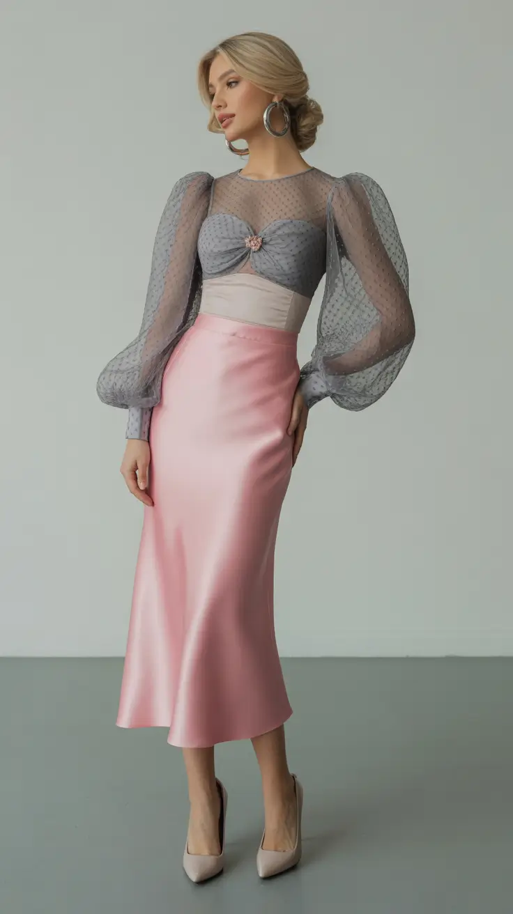 old money spring outfits Sheer Grey Blouse with Satin Pink Midi Skirt