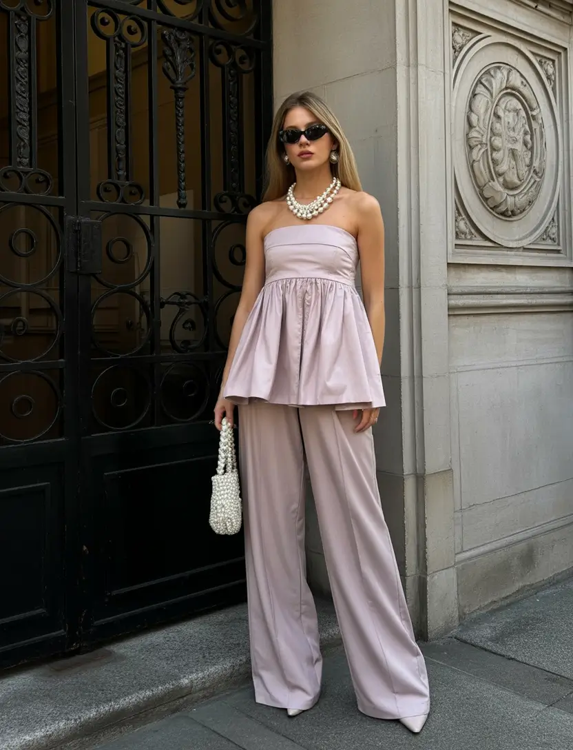 old money spring outfits Soft Blush Strapless Top with Matching Wide-Leg Trousers