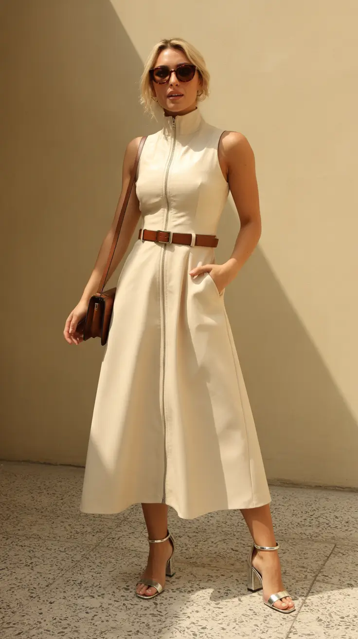 old money spring outfits Ivory Zip-Front Dress with Polished Accessories