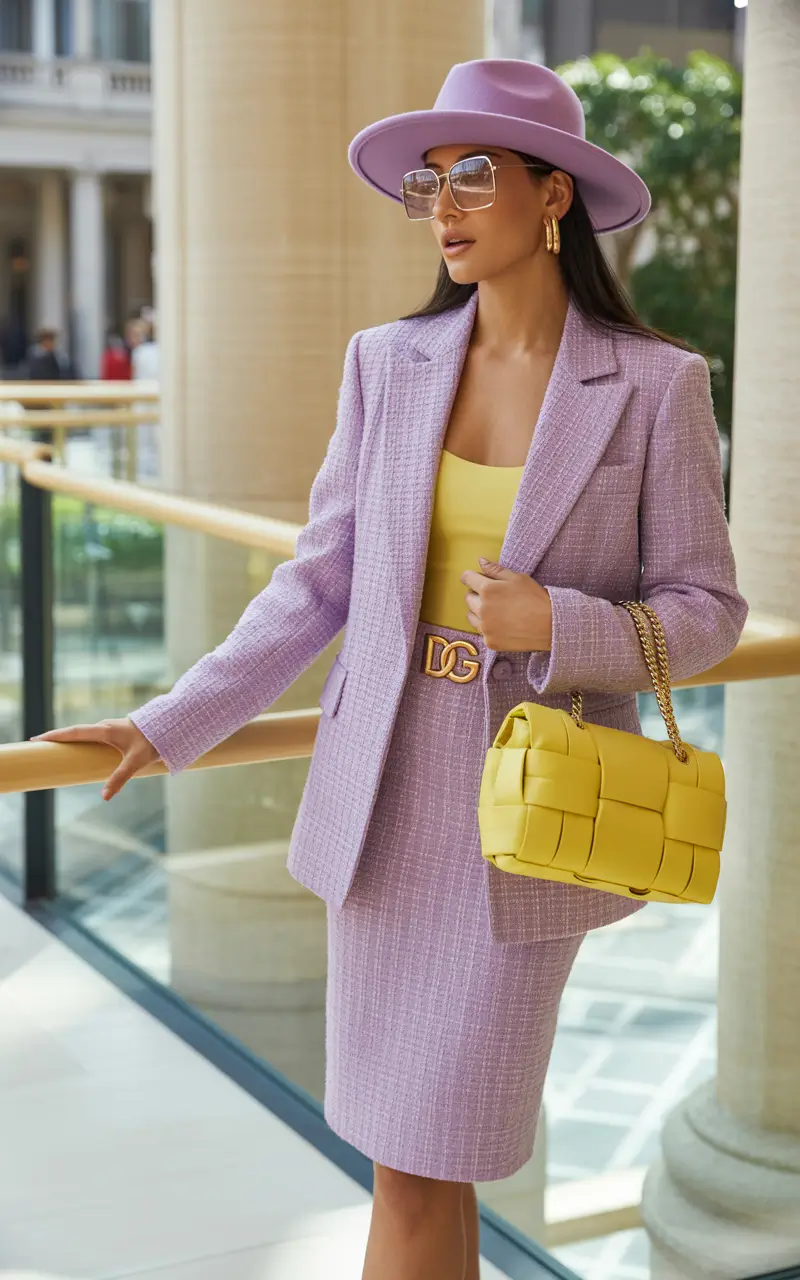 old money spring outfits Lilac Tweed Suit with Yellow Accents