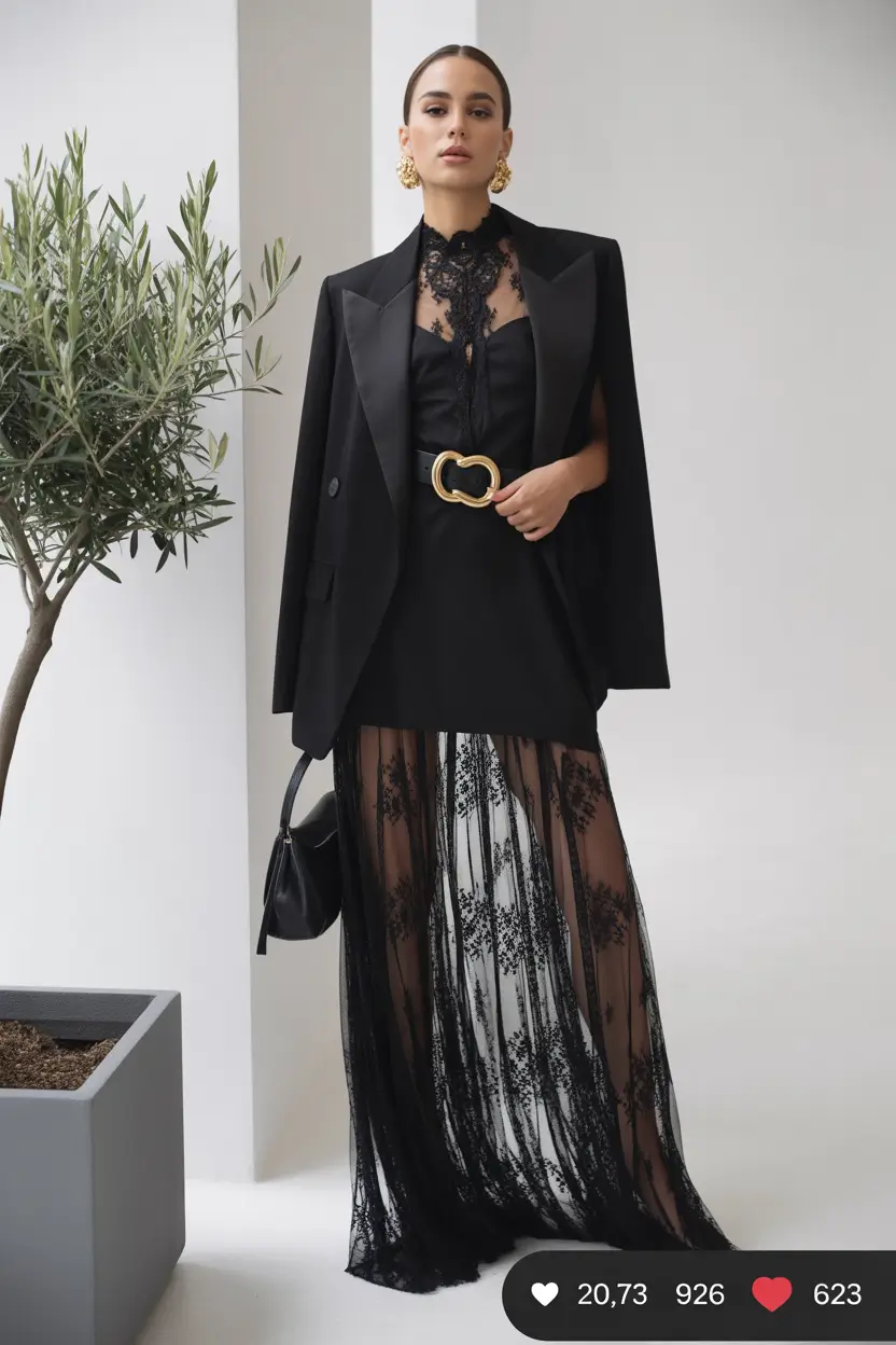 old money spring outfits Black Lace Elegance with a Tailored Masculine Touch