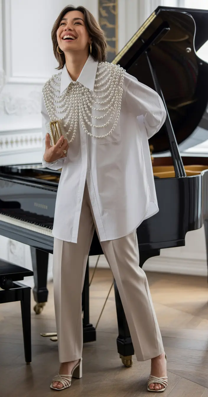 old money spring outfits Pearl-Adorned White Shirt with Tailored Neutral Trousers