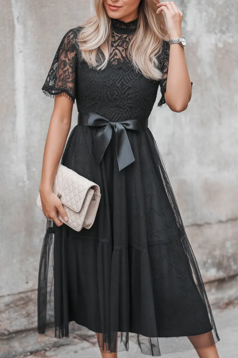 old money spring outfits Romantic Black Lace Dress with Soft Accessories