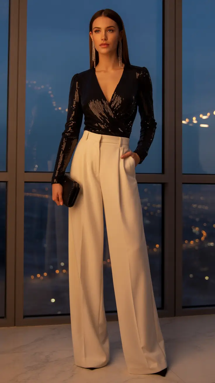 old money spring outfits Evening Glamour with a Sequined Top and Cream Trousers
