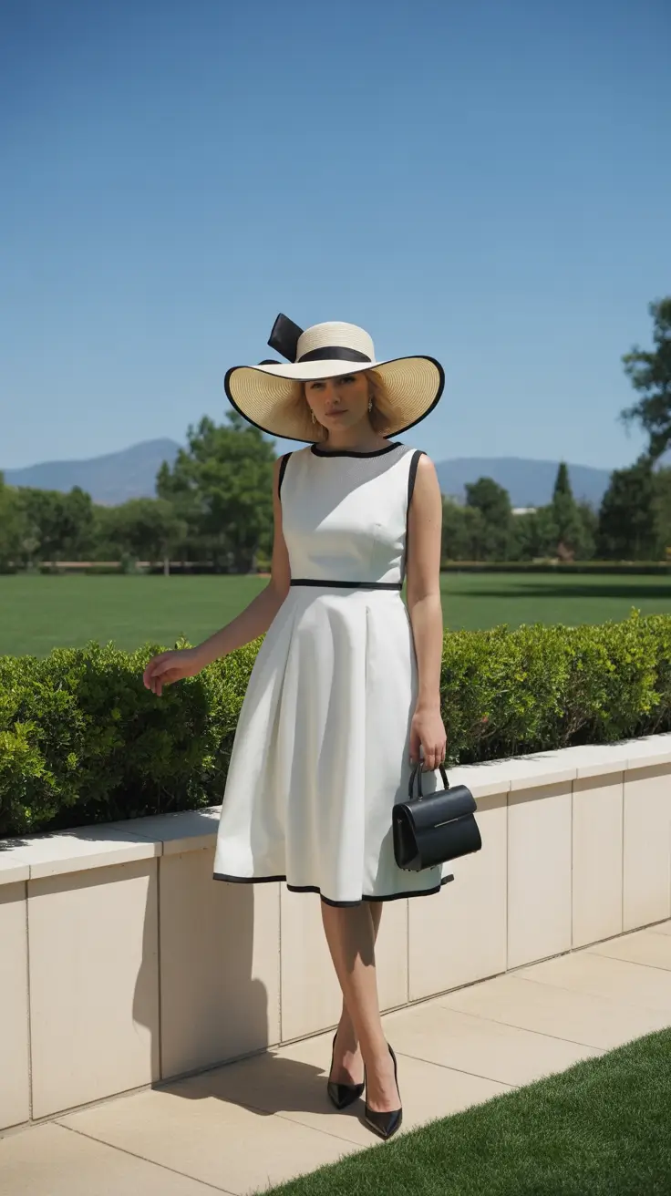 old money spring outfits White Dress with Black Trim and Wide-Brim Hat
