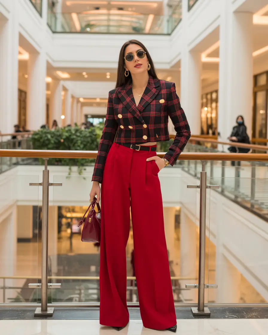 old money spring outfits Red Wide-Leg Trousers with Cropped Plaid Jacket