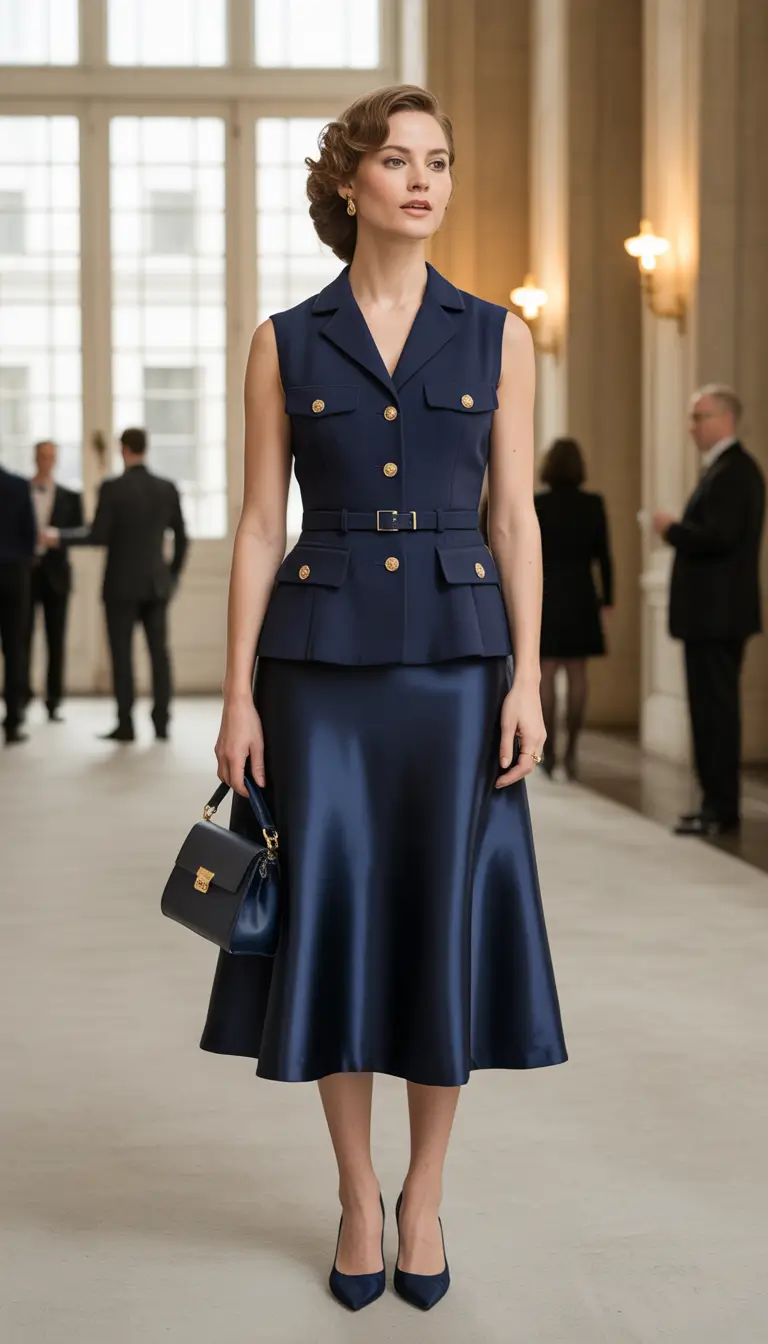 old money spring outfits Navy Sleeveless Dress with Satin Midi Skirt