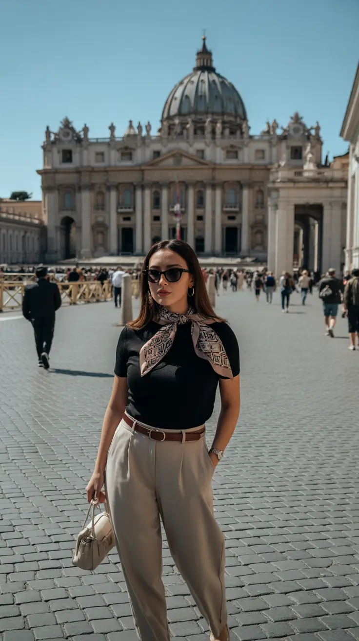 old money spring outfits Neutral Trousers with Black Knit and Silk Scarf