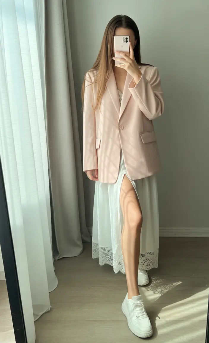 Spring blazer outfits Soft Pink Blazer Over Lace for an Unexpected Modest Mix