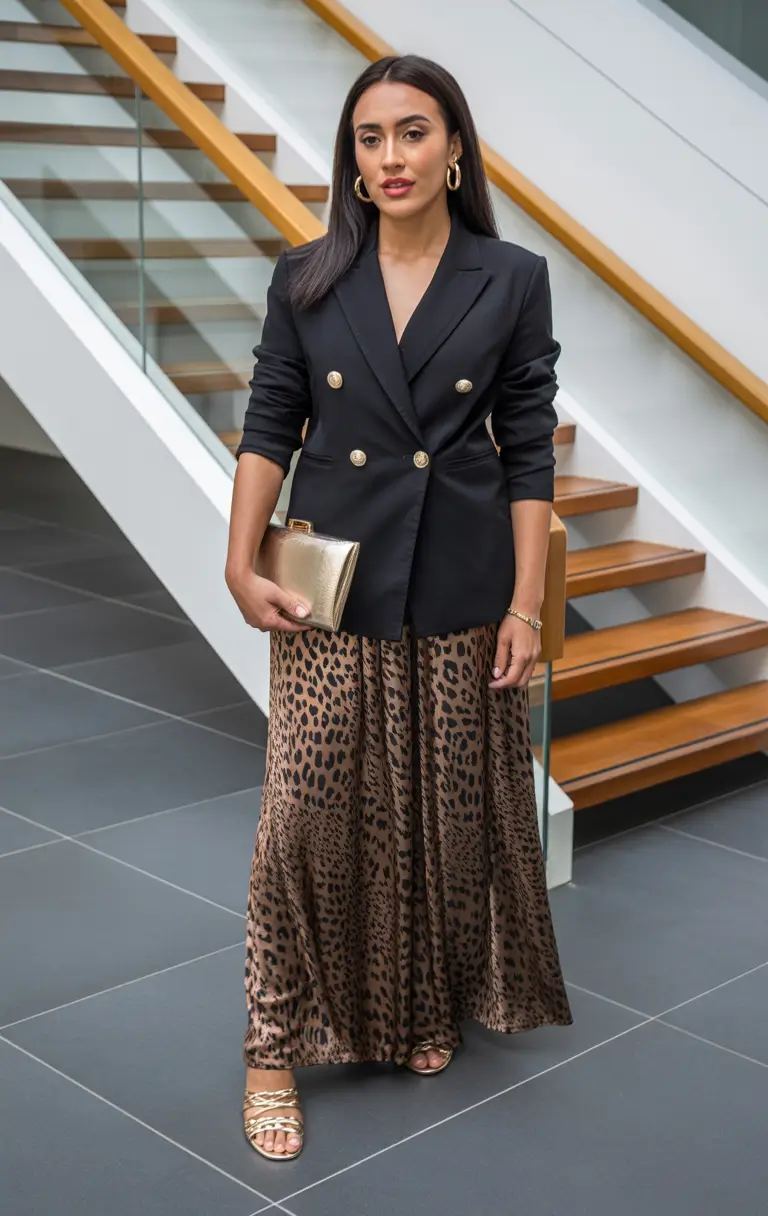 Spring blazer outfits Classic Black Blazer With Leopard Skirt Elegance