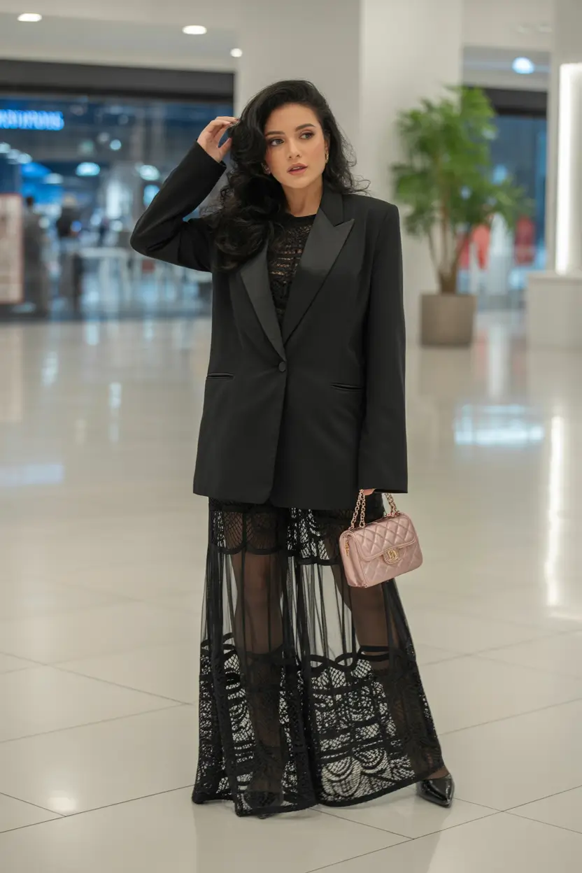 Spring blazer outfits Black Tuxedo Blazer Over Lace for Dressy Spring Nights