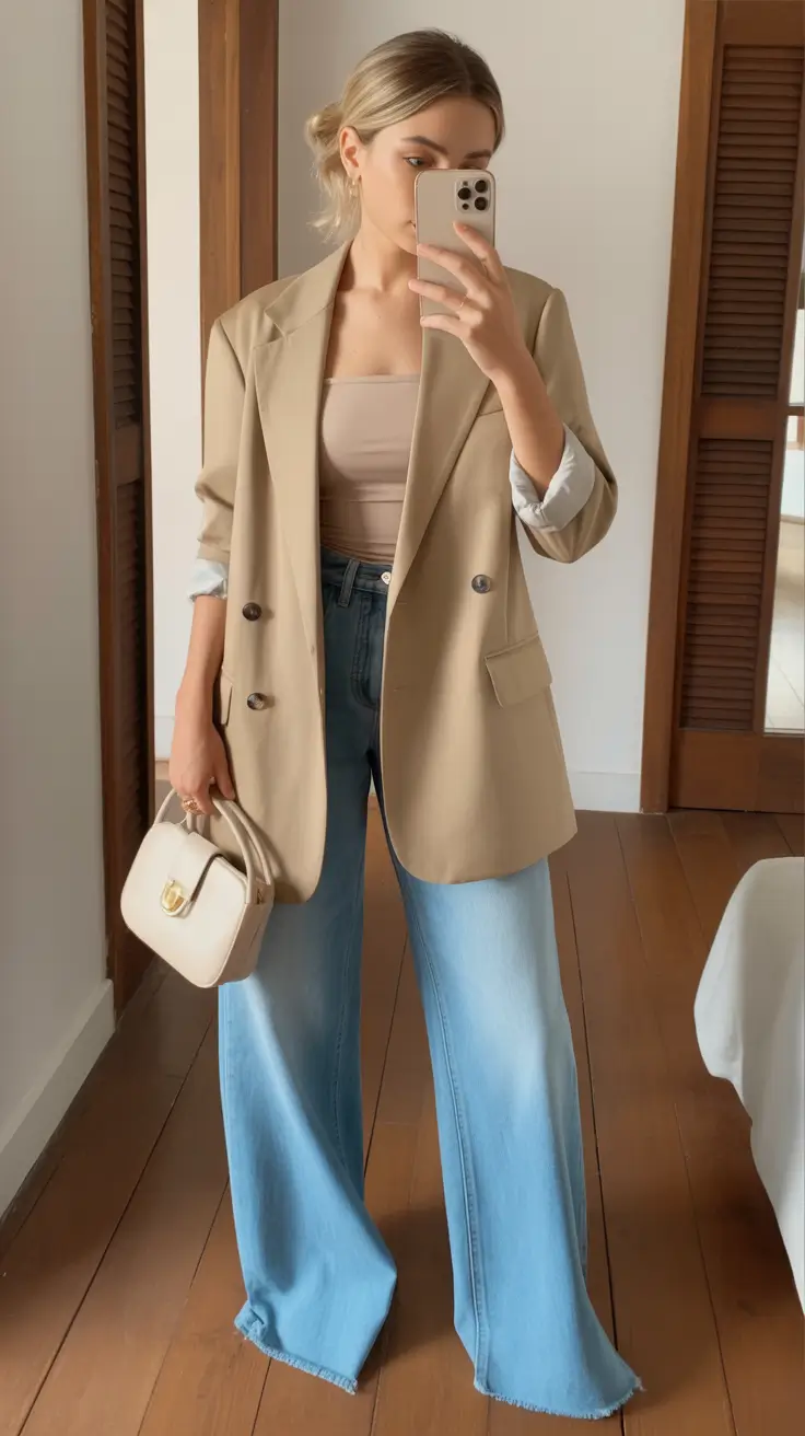 Spring blazer outfits Neutral Blazer and Wide-Leg Denim for Everyday Casual Chic