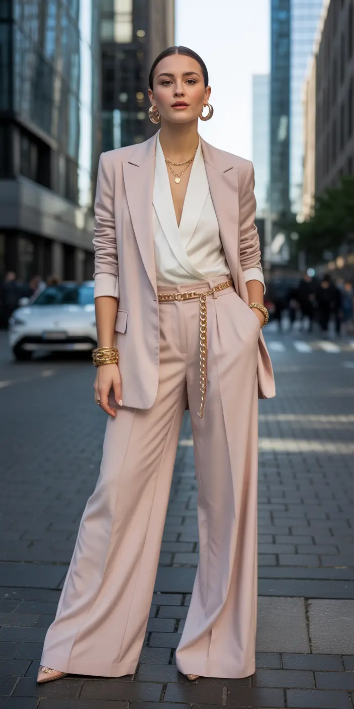 Spring blazer outfits Blush Suiting With Gold Details for Spring City Confidence