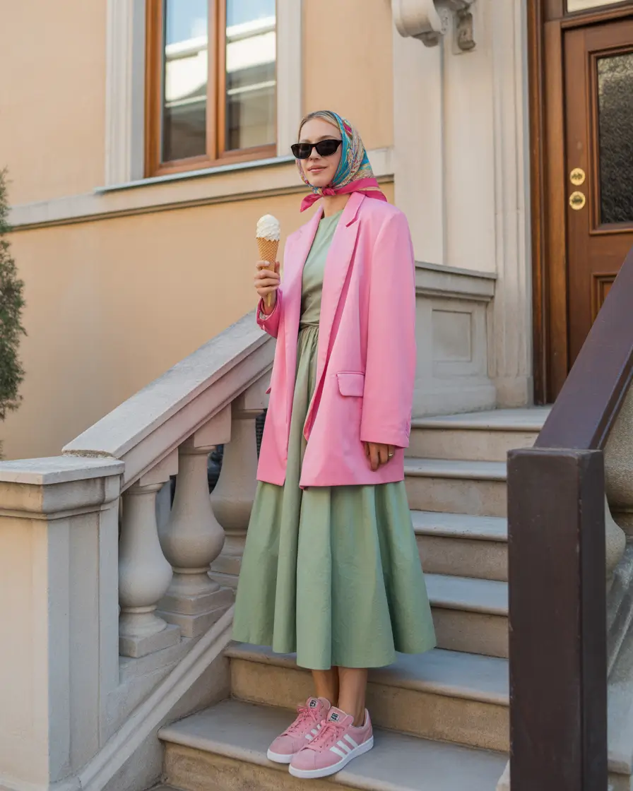 Spring blazer outfits Bright Pink Blazer With Modest Spring Dress Energy