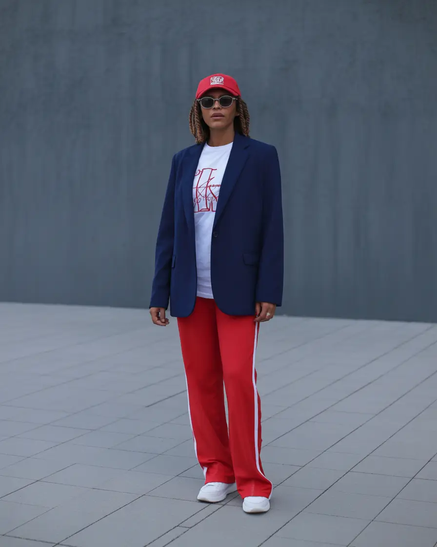 Spring blazer outfits Navy Blazer With Sporty Red for Casual Street Style Inspo