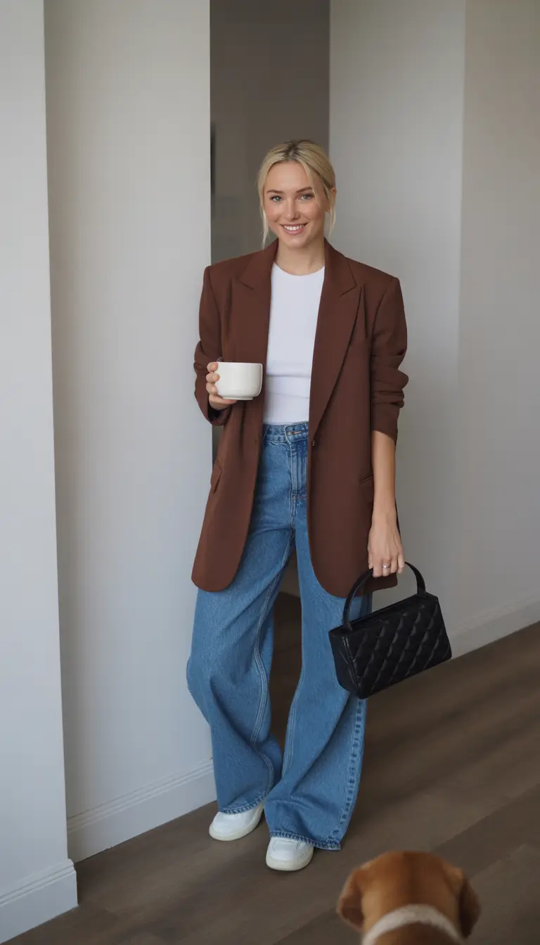 Spring blazer outfits Chocolate Blazer With Denim for Cozy Spring Everyday Style