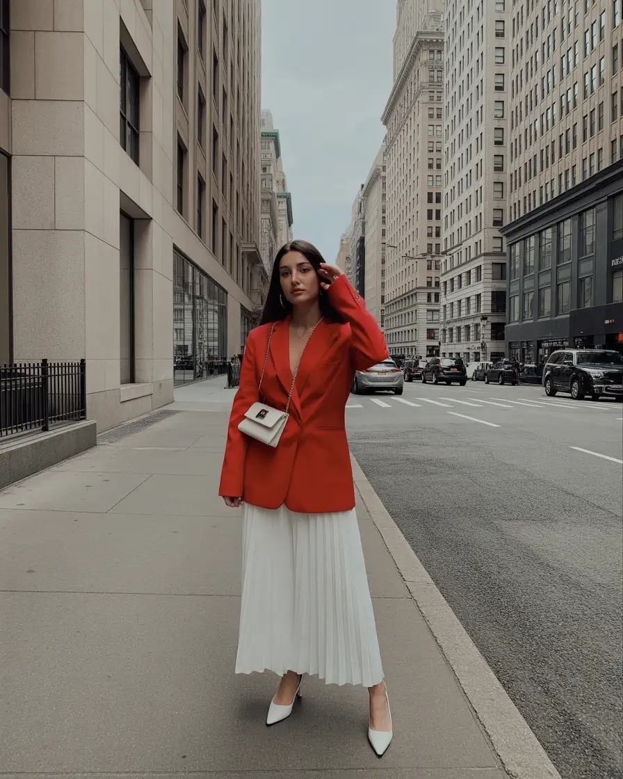 Spring blazer outfits Red Blazer With Pleated Skirt for Elegant City Dressy Style