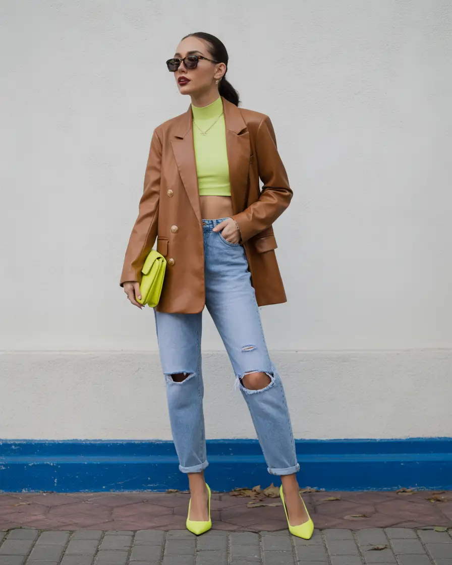 Spring blazer outfits Leather Blazer With Neon Pop for Cute Casual Edge