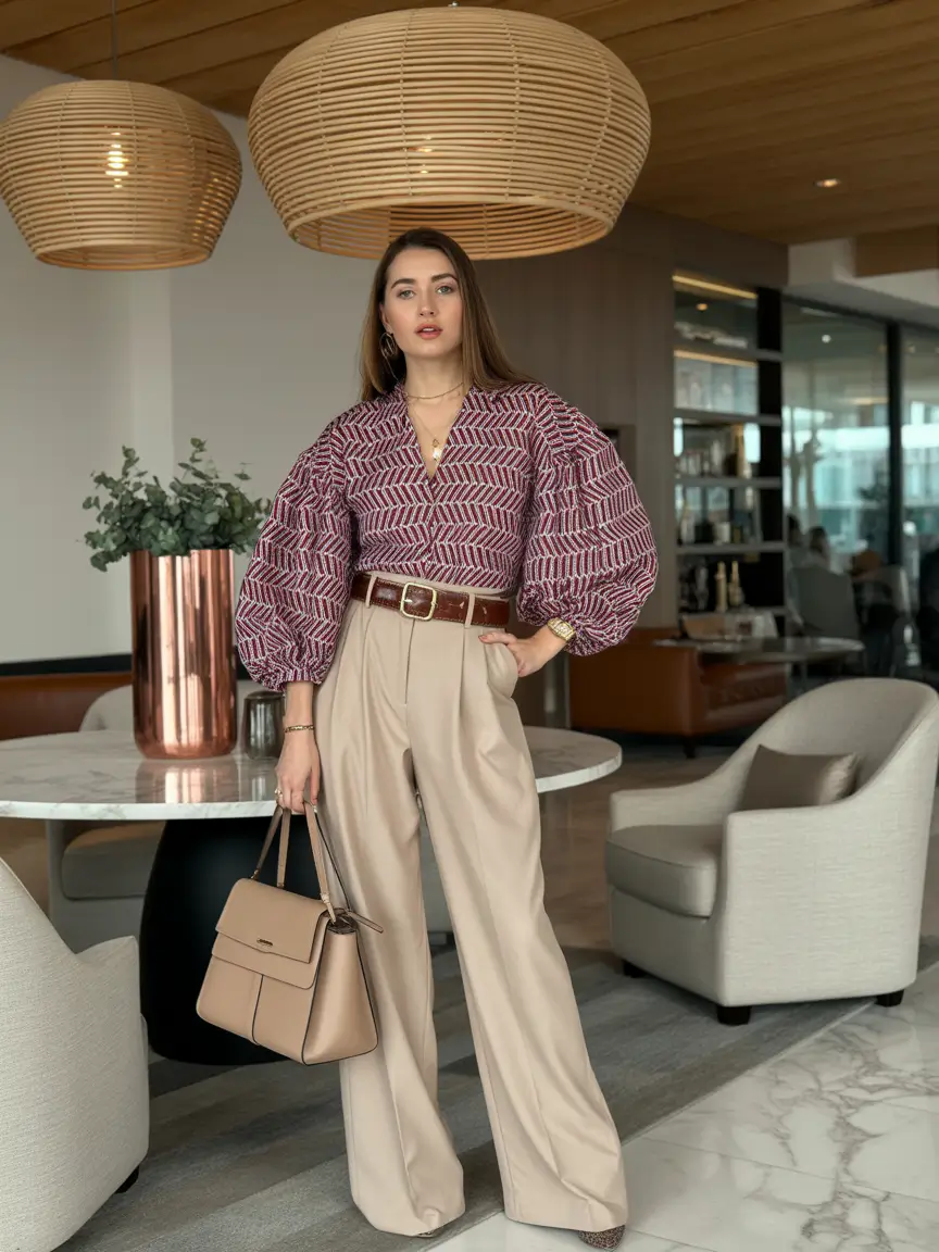 Spring Capsule Wardrobe Printed Blouses and Modern Beige Tailoring