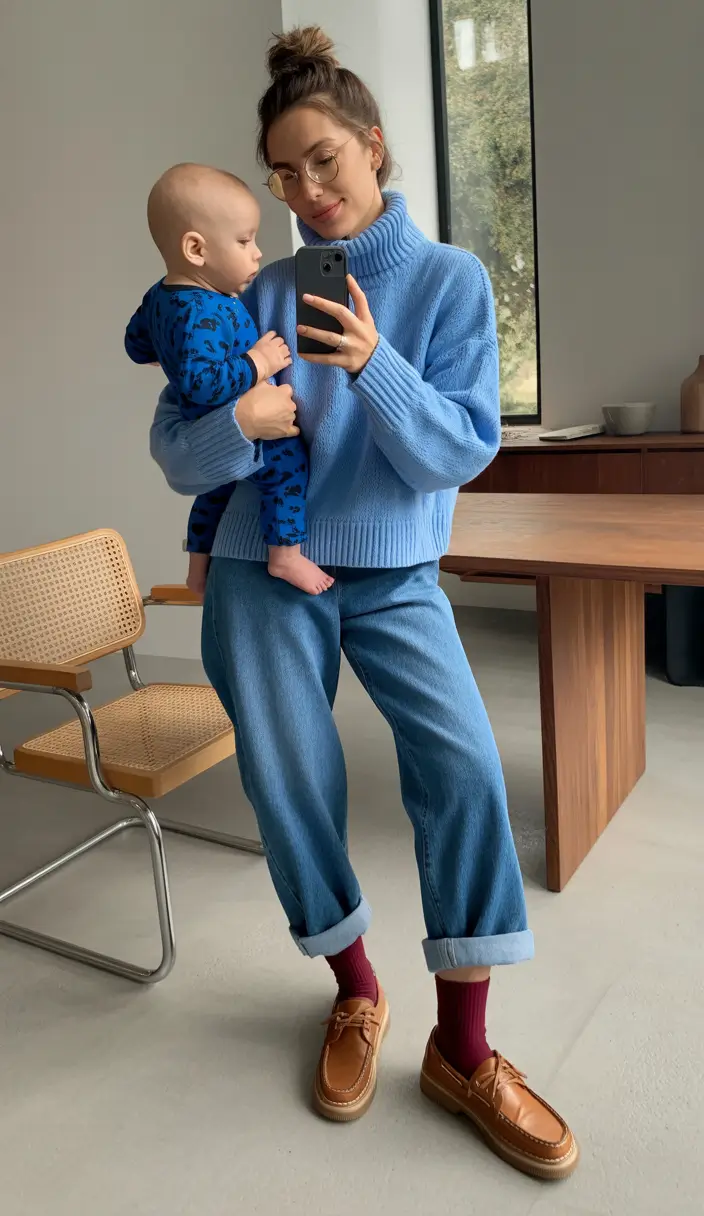 21 elegant spring mom outfits 2026 Soft Blue Knits and Relaxed Denim for Spring Comfort