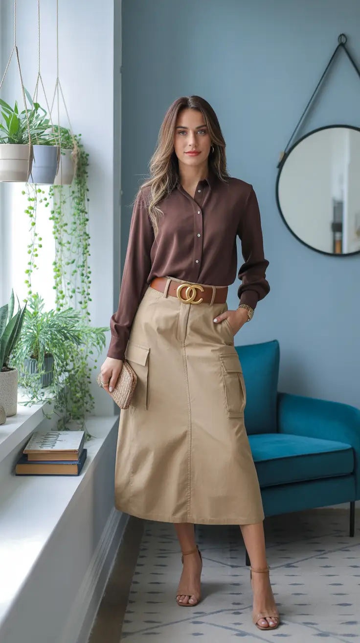 Spring Office Outfits Chocolate Blouse and Women Skirt Styling for Office Sophistication