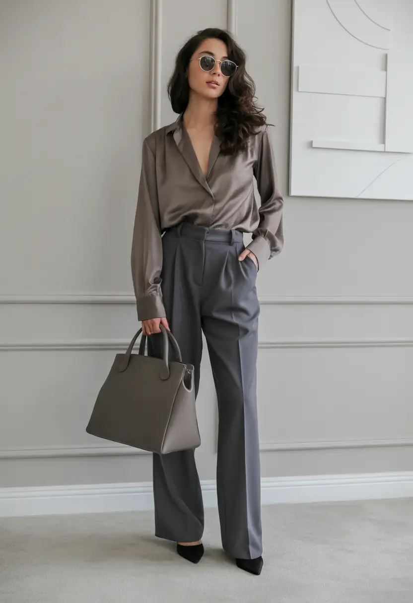 Spring Office Outfits Silky Neutral Blouse with Wide Trousers - Effortless Chic Work Wear