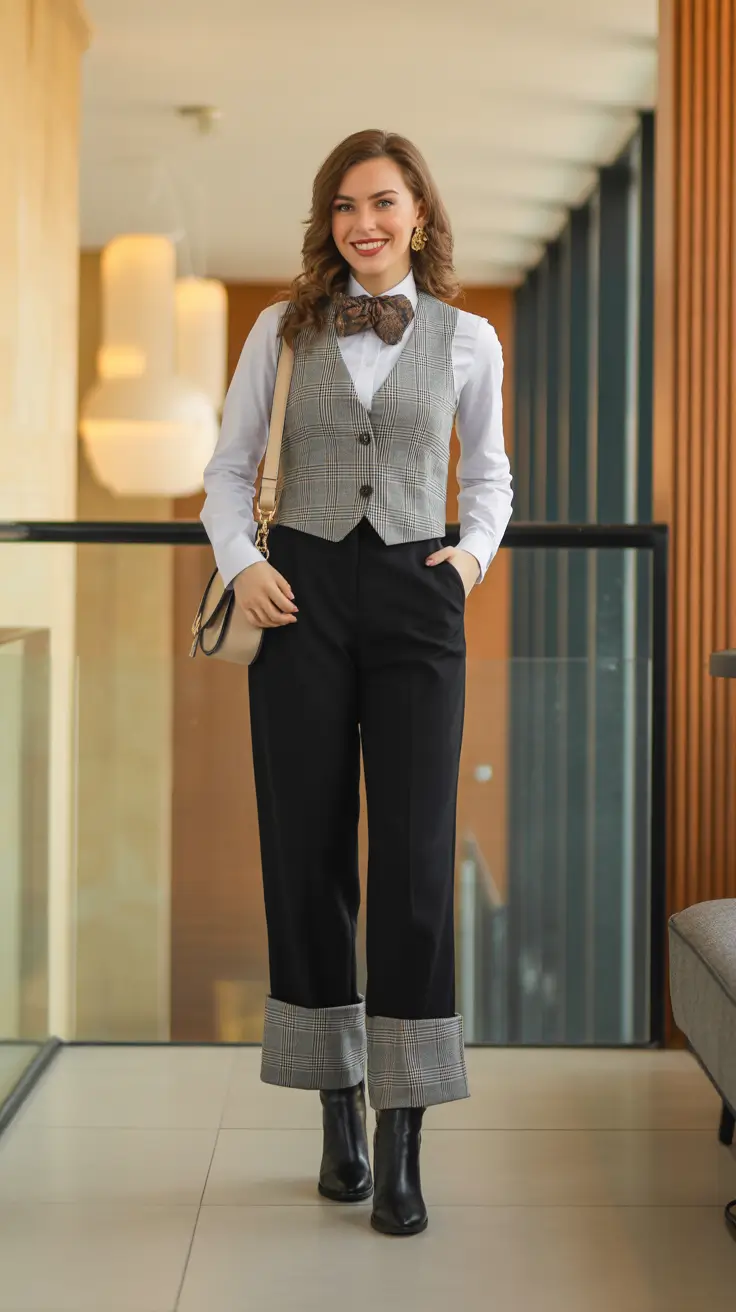 Spring Office Outfits Vest and Bow-Tie Tailoring for Elegant Spring Office Charm