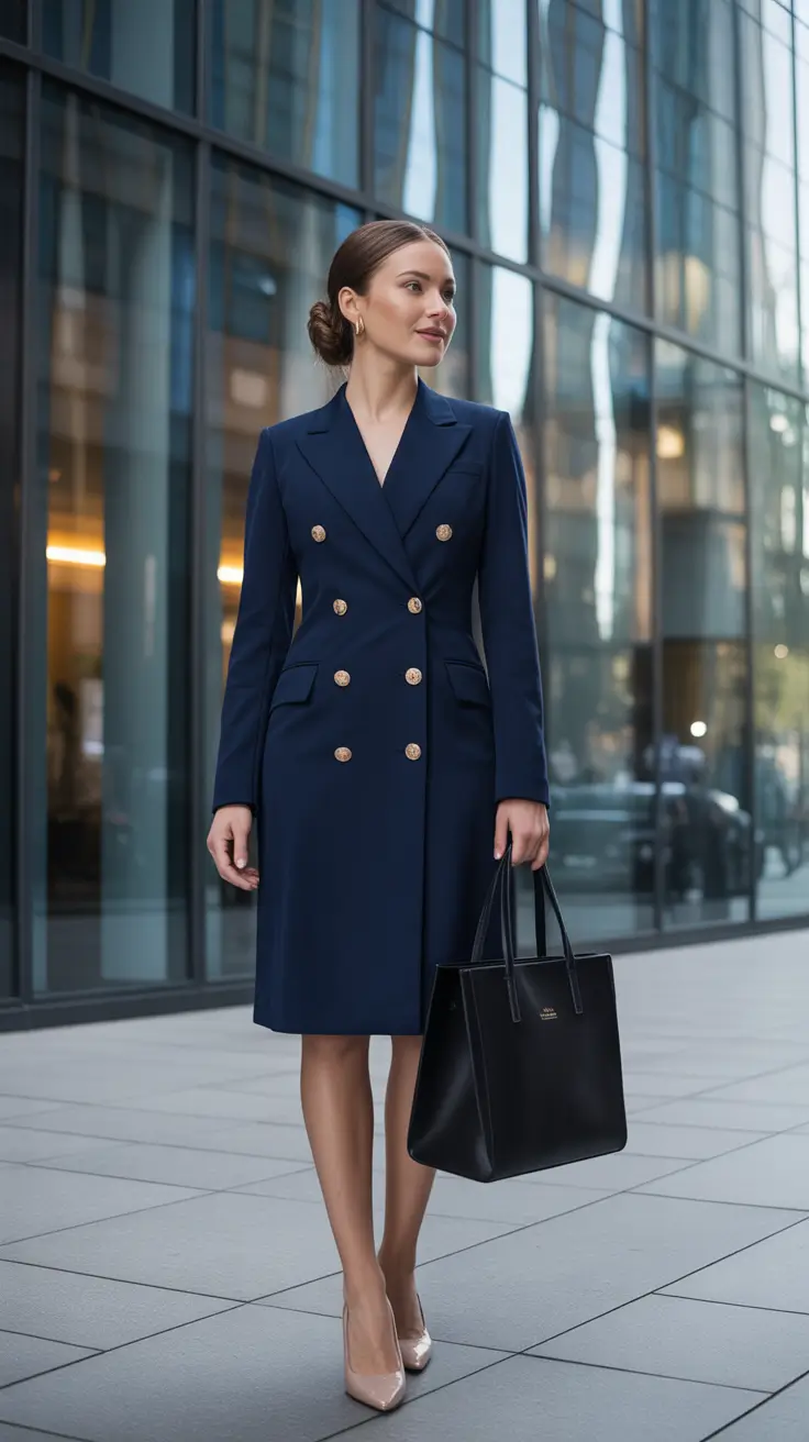 Spring Office Outfits Navy Coat Dress Styling for Classic Women Business Attire
