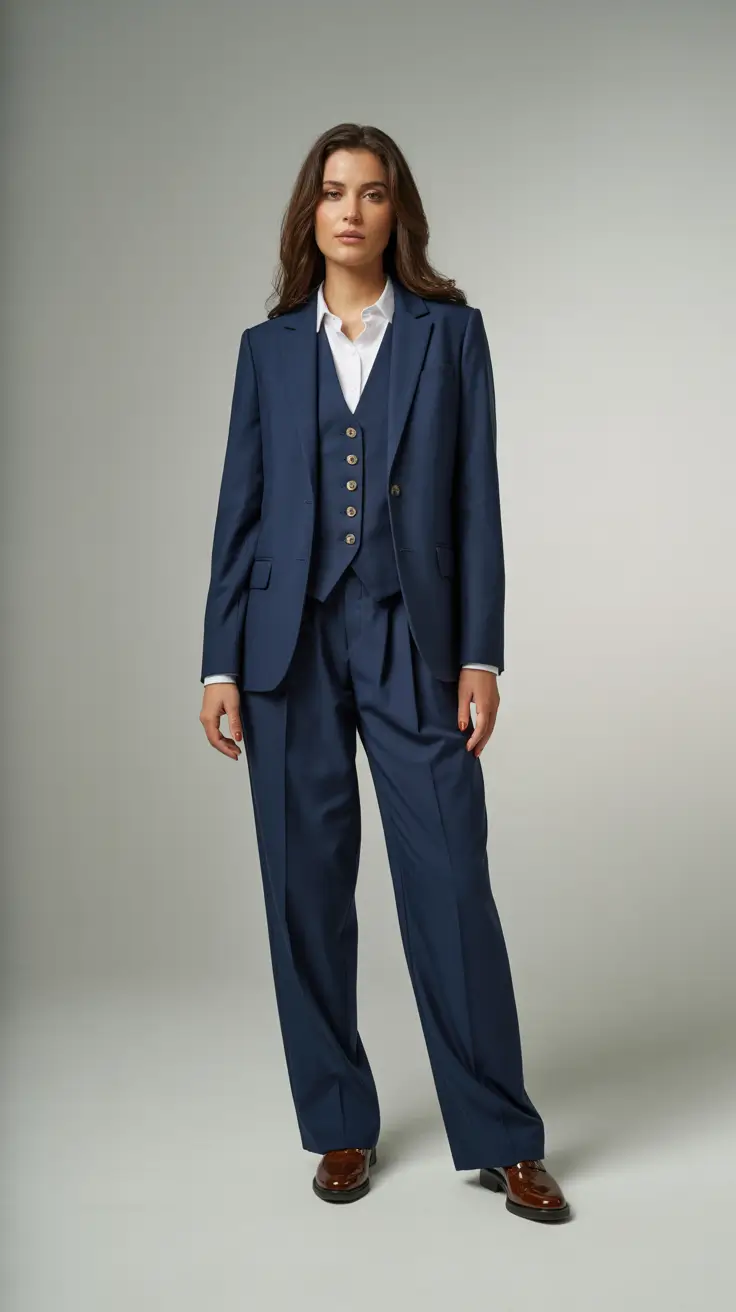 Spring Office Outfits Navy Three-Piece Suiting for Modern Elegant Spring Office Outfits