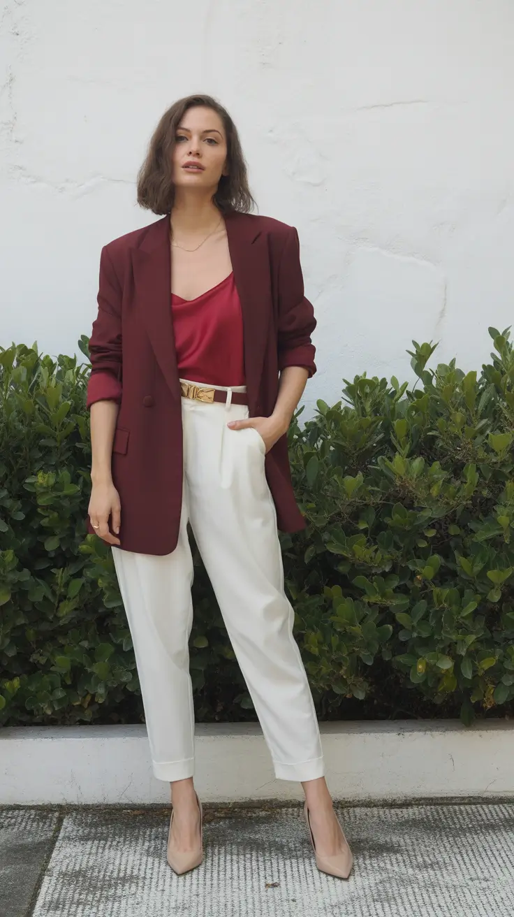 Spring Office Outfits Burgundy Blazer Glam for Elegant Women Business Attire