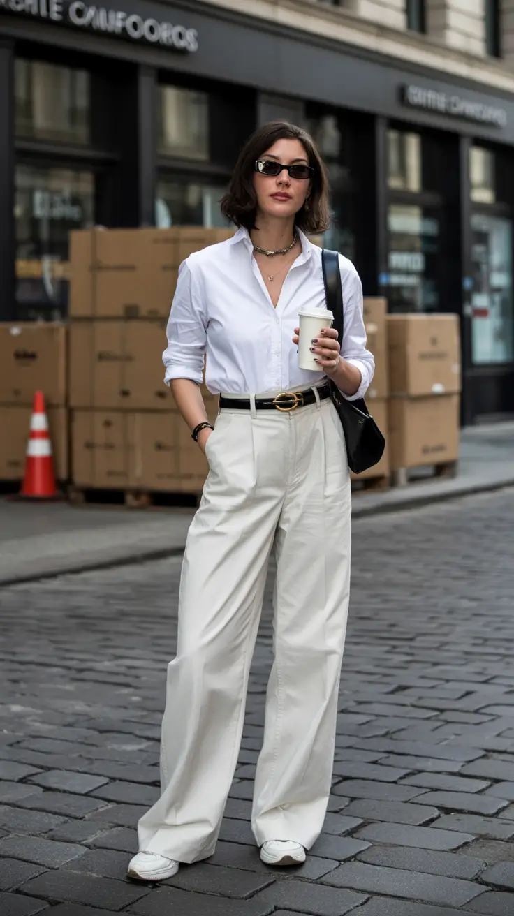 Spring Office Outfits Street-Style White Shirt and Women Sneakers Office Cool