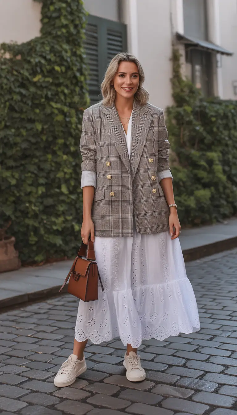 Spring Outfits for Women Over 40 Checked Blazer and White Maxi for Casual Spring Grace