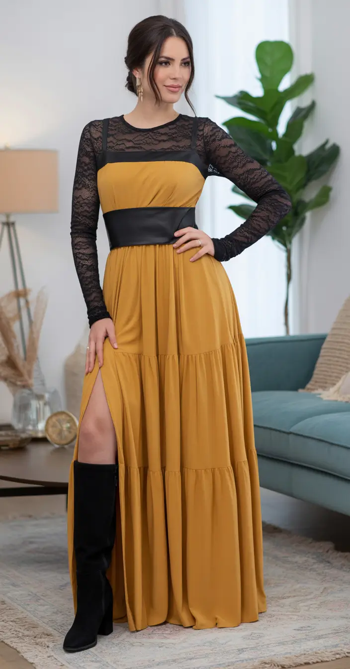 Spring Outfits for Women Over 40 Golden Lace Drama for Spring Nights Out