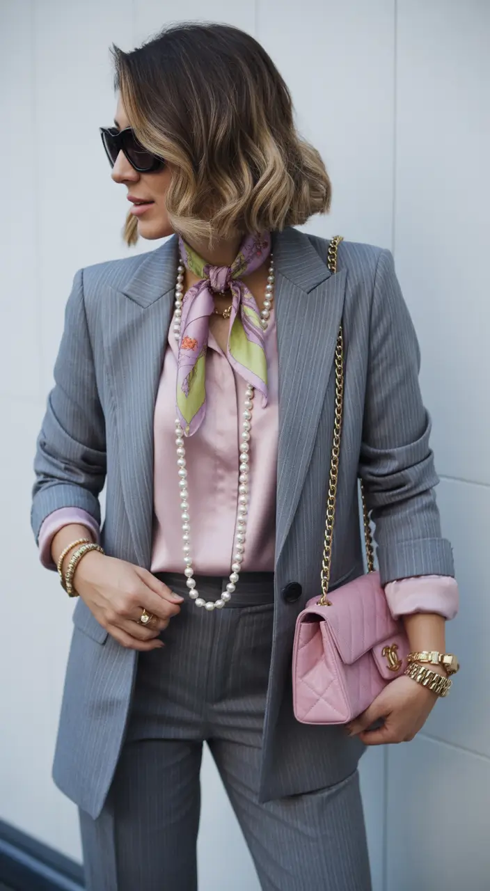 Spring Outfits for Women Over 40 Soft Grey Suiting With Feminine Spring Details