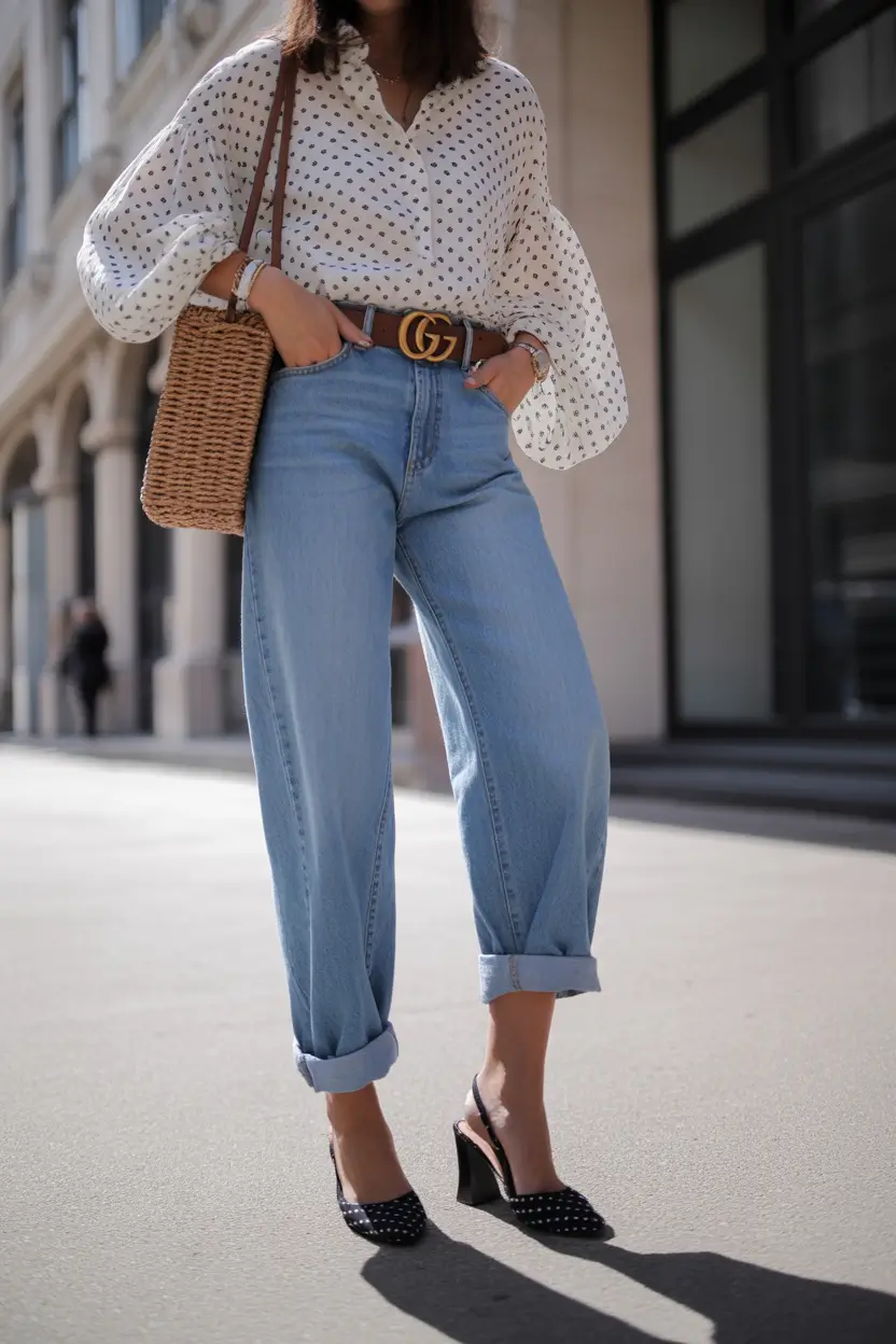 Spring Outfits for Women Over 40 Polka Dot Blouse and Denim for Everyday Elegance