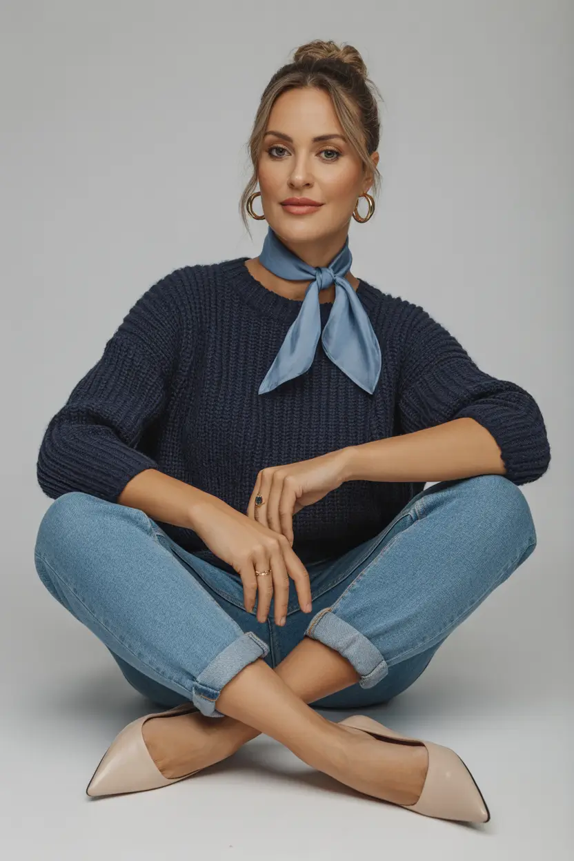 Spring Outfits for Women Over 40 Cozy Navy Knit and Denim for Soft Spring Simplicity