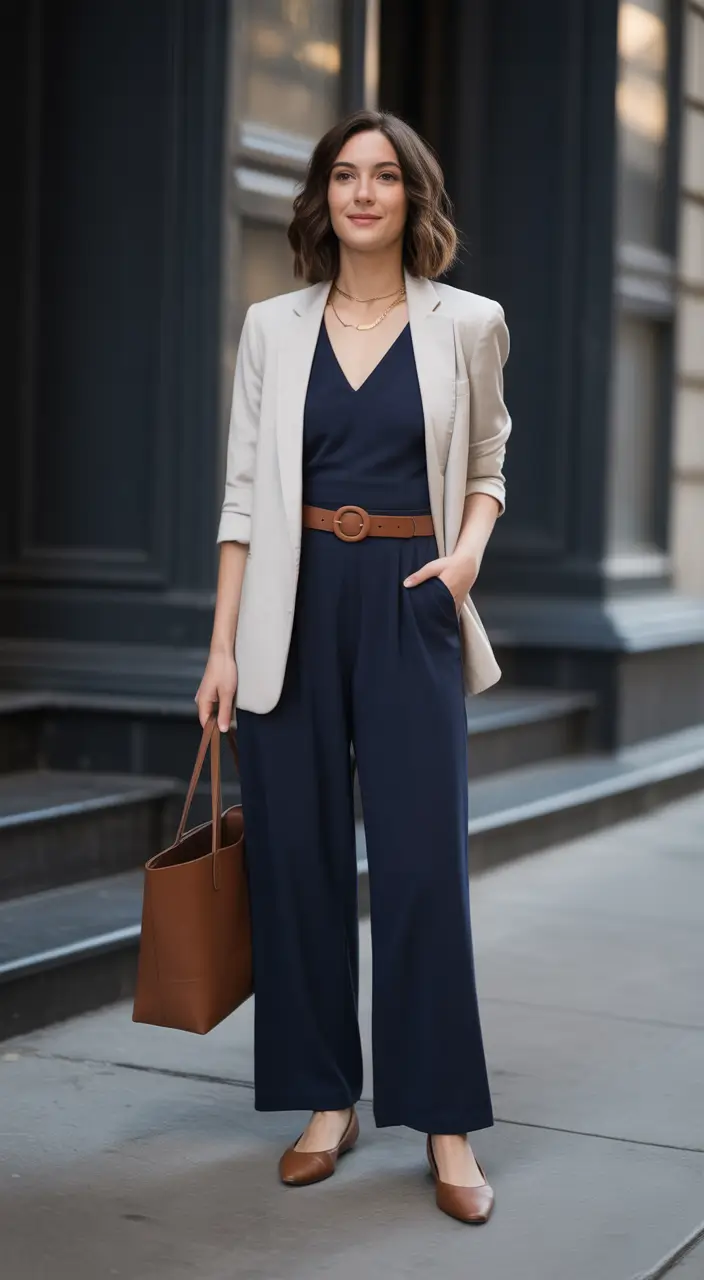 Spring Outfits for Women Over 40 Neutral Blazer Over Navy Jumpsuit for Career-Ready Spring