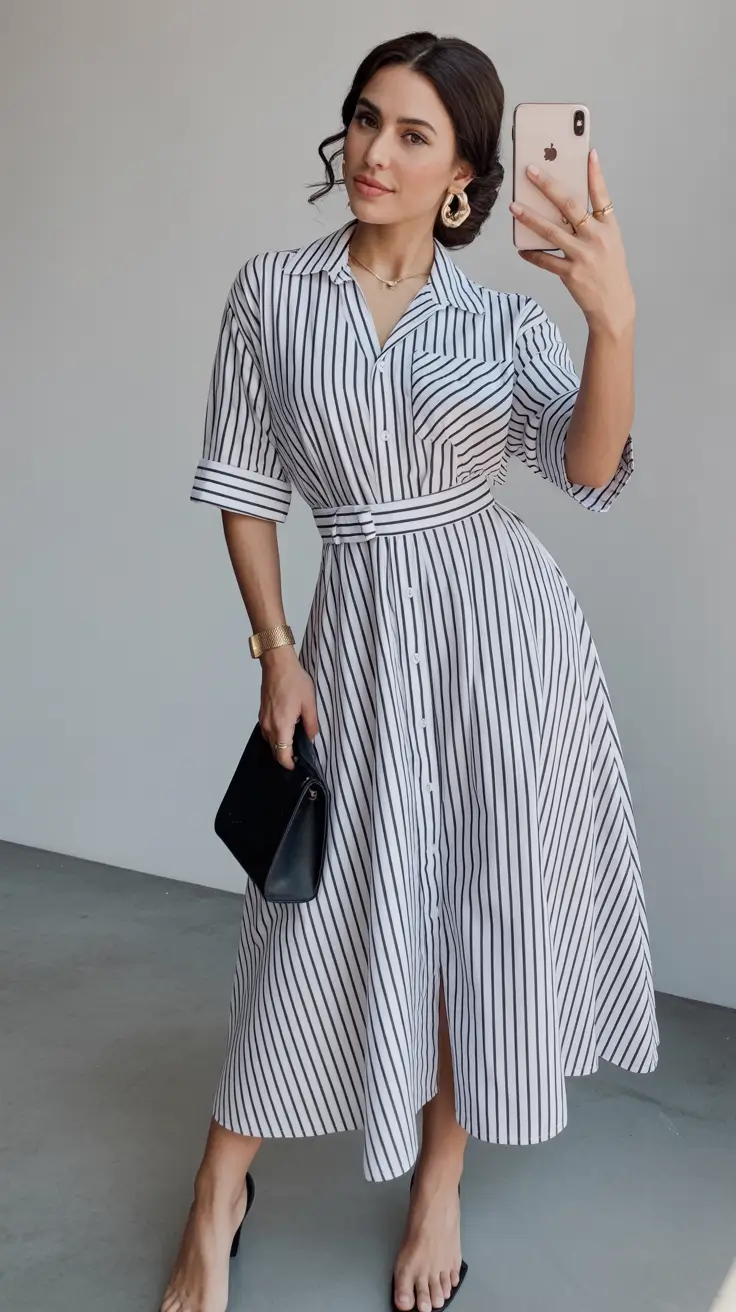 Spring Outfits for Women Over 40 Striped Shirt Dress Elegance That Feels Effortless