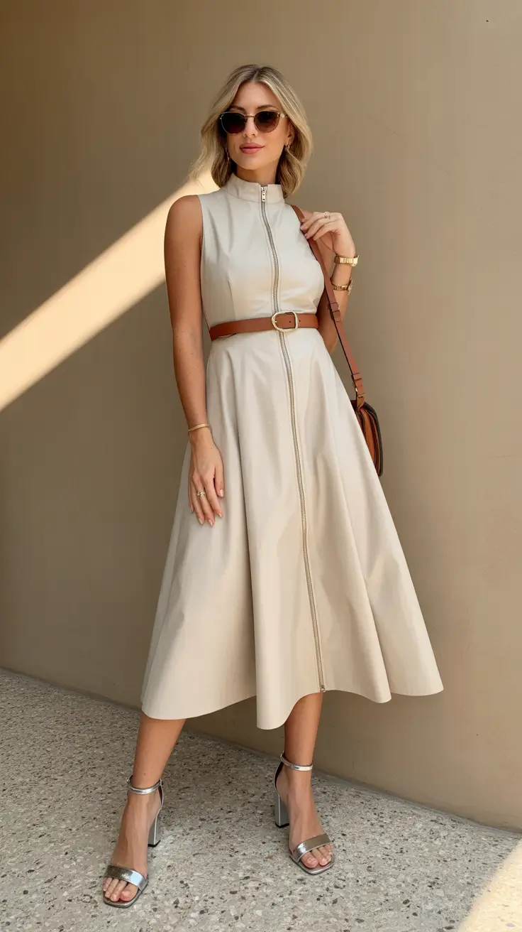 Spring Outfits for Women Over 40 Minimal Zip-Up Dress for Warm Spring Evenings