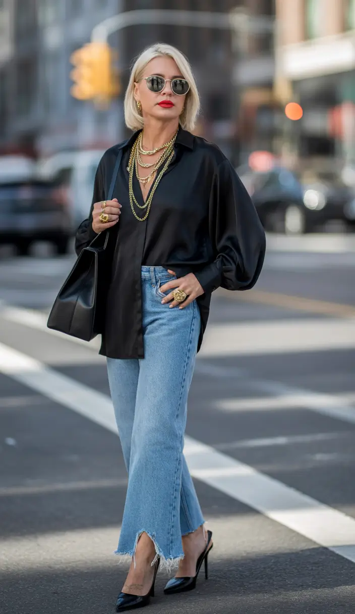 Spring Outfits for Women Over 50 Black Satin and Denim for Effortless City Cool