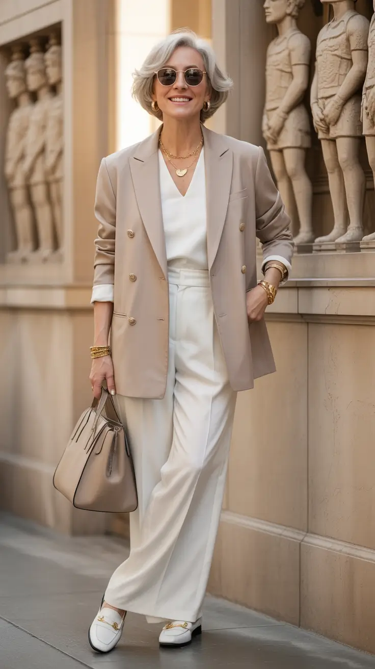Spring Outfits for Women Over 50 Soft Neutral Suiting for Classy Spring Ease