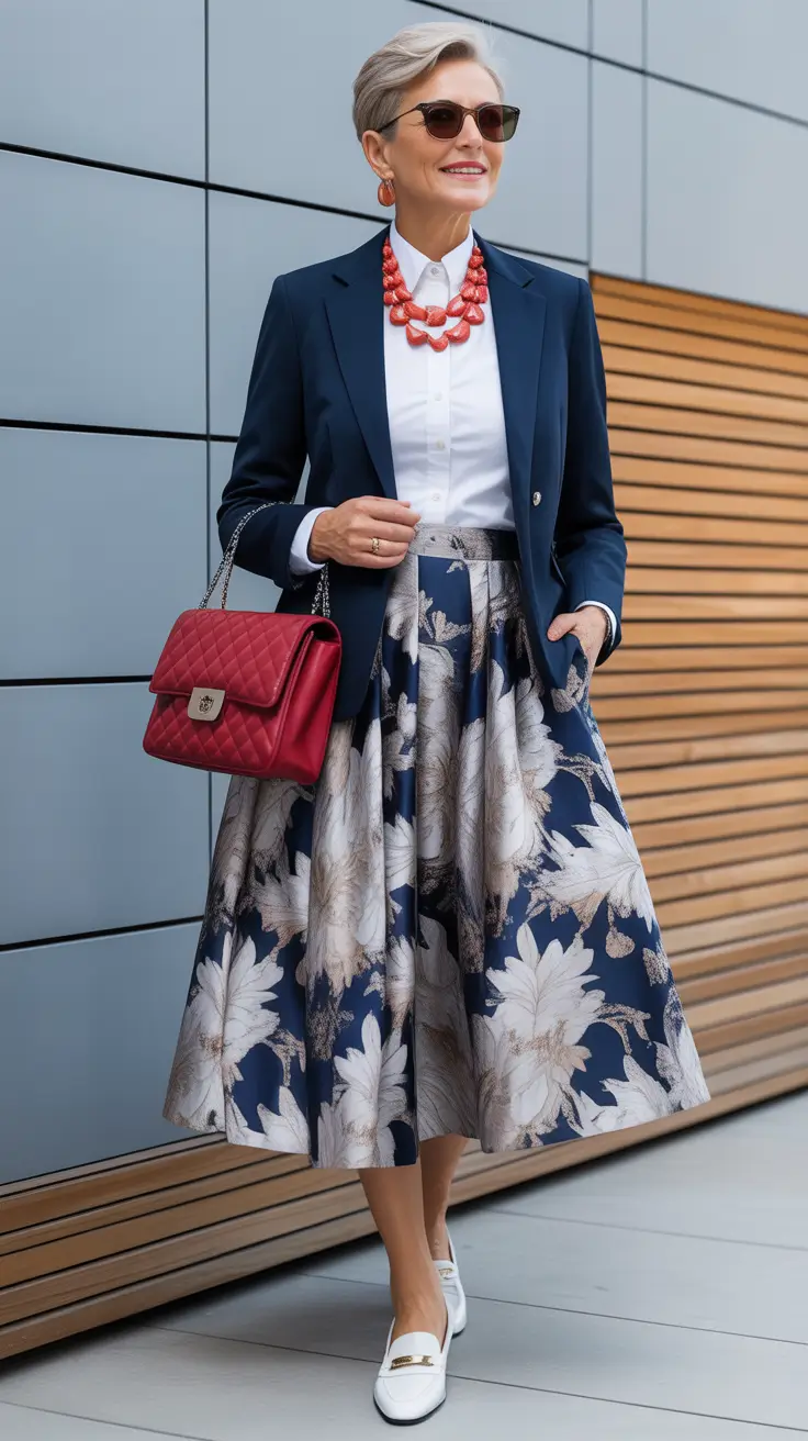 Spring Outfits for Women Over 50 Navy Blazer and Floral Skirt for Classic Spring Romance