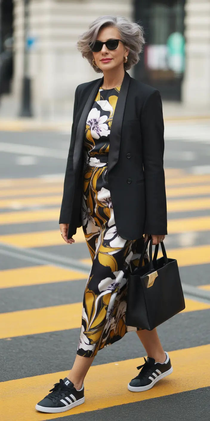 Spring Outfits for Women Over 50 Black Blazer Over Printed Dress for Modern Street Elegance