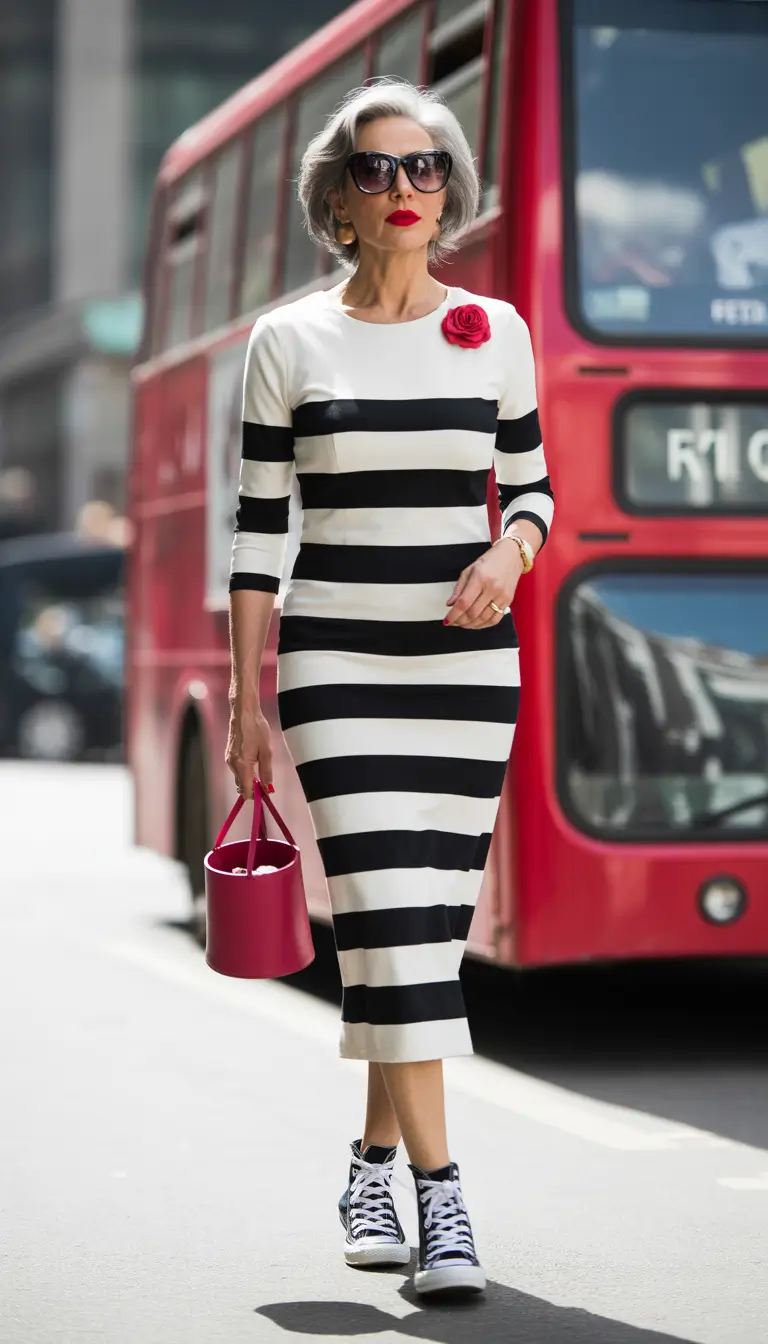 Spring Outfits for Women Over 50 Striped Knit Dress for Classic Casual Spring Confidence