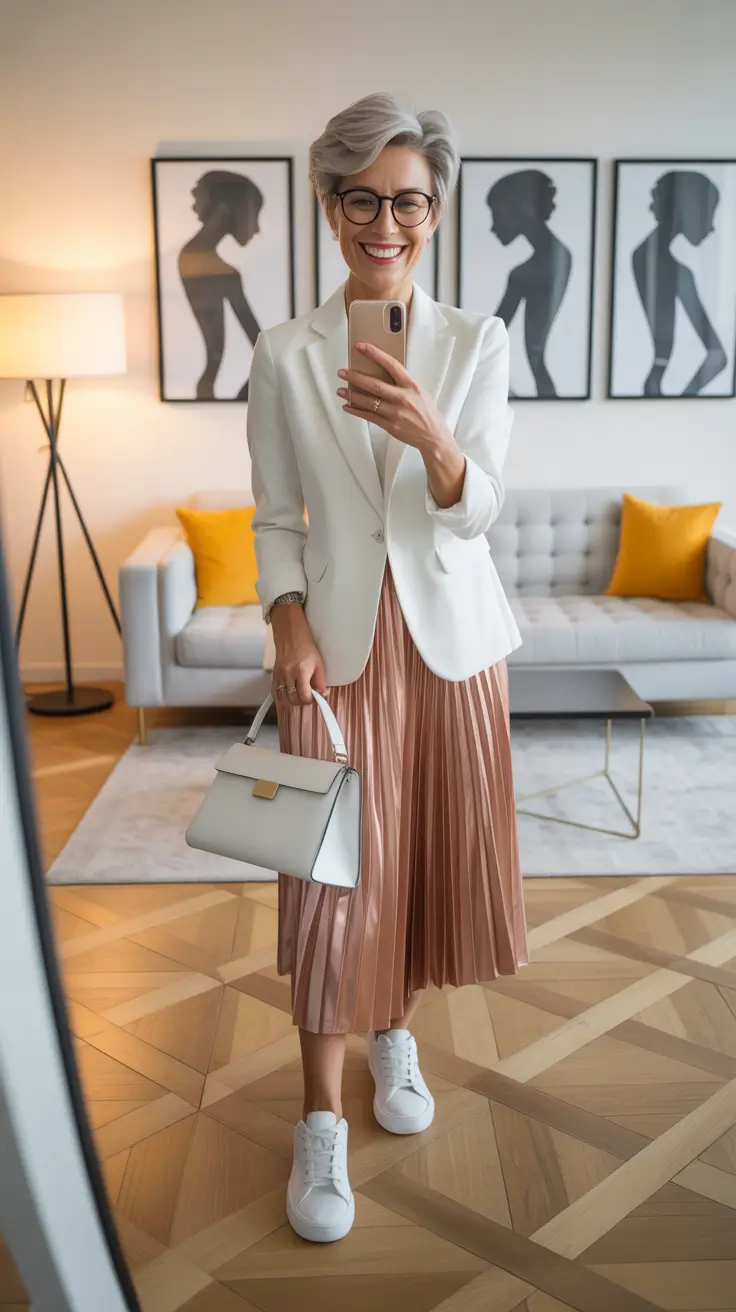 Spring Outfits for Women Over 50 White Blazer and Pleated Skirt for Casual Chic Spring Polish
